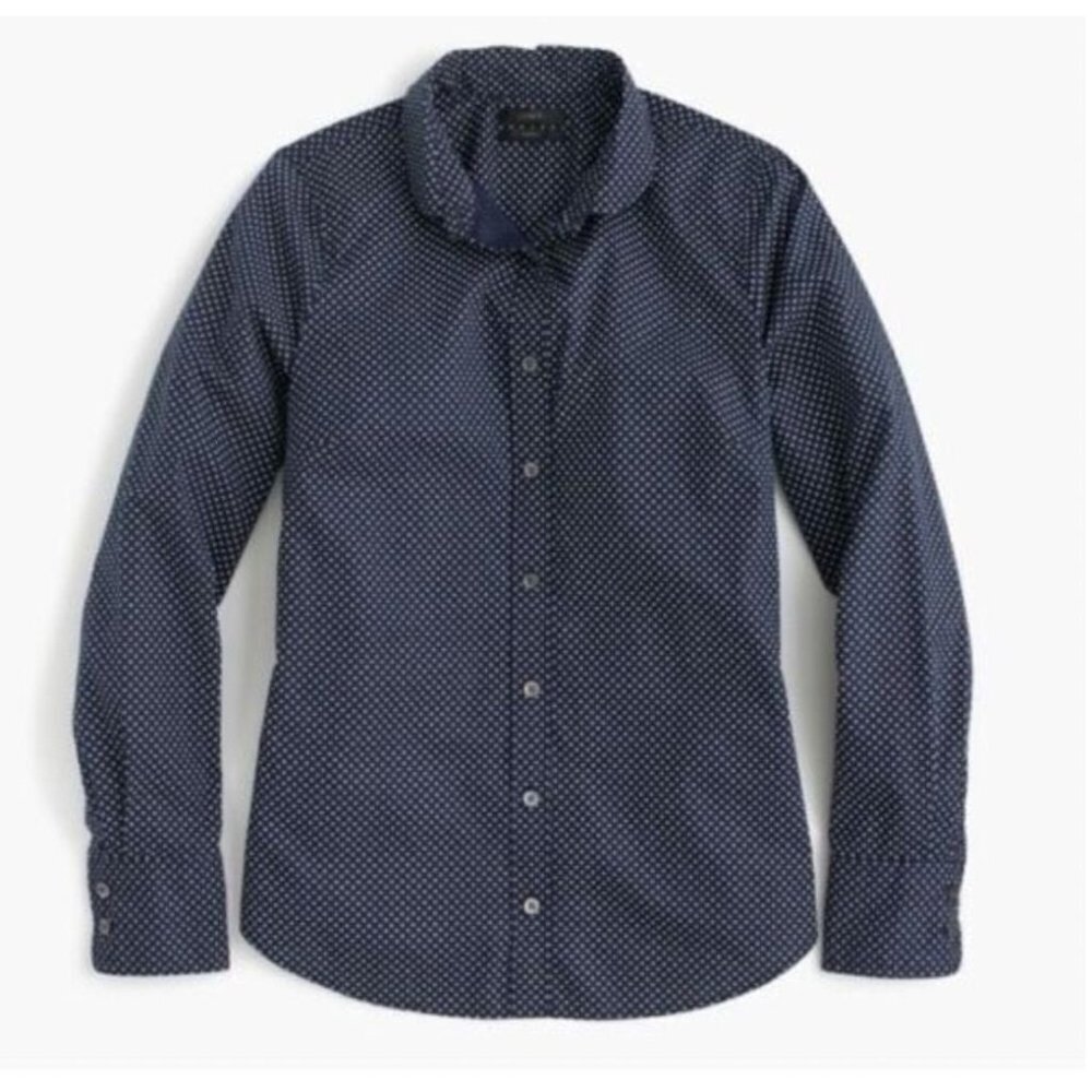 J Crew Size 6 Black Label Perfect Shirt Button Down Navy Polka Dot 100% Cotton